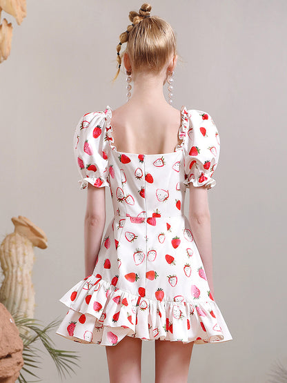 Strawberry Frill Asymmetry Fluffily Puff-Sleeve Cute One-Pieced