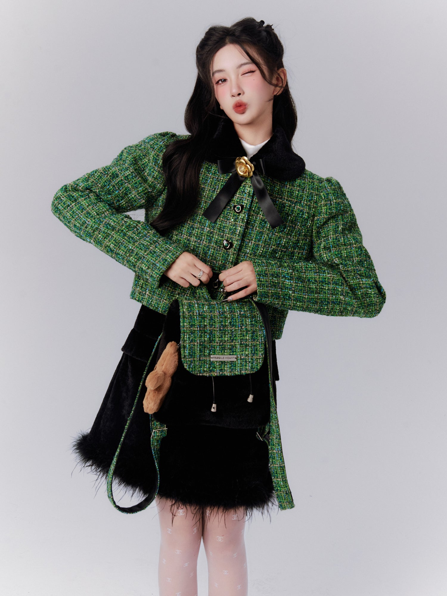 Tweed Ribbon Flower Broach Tweed Classy Short-Jacket