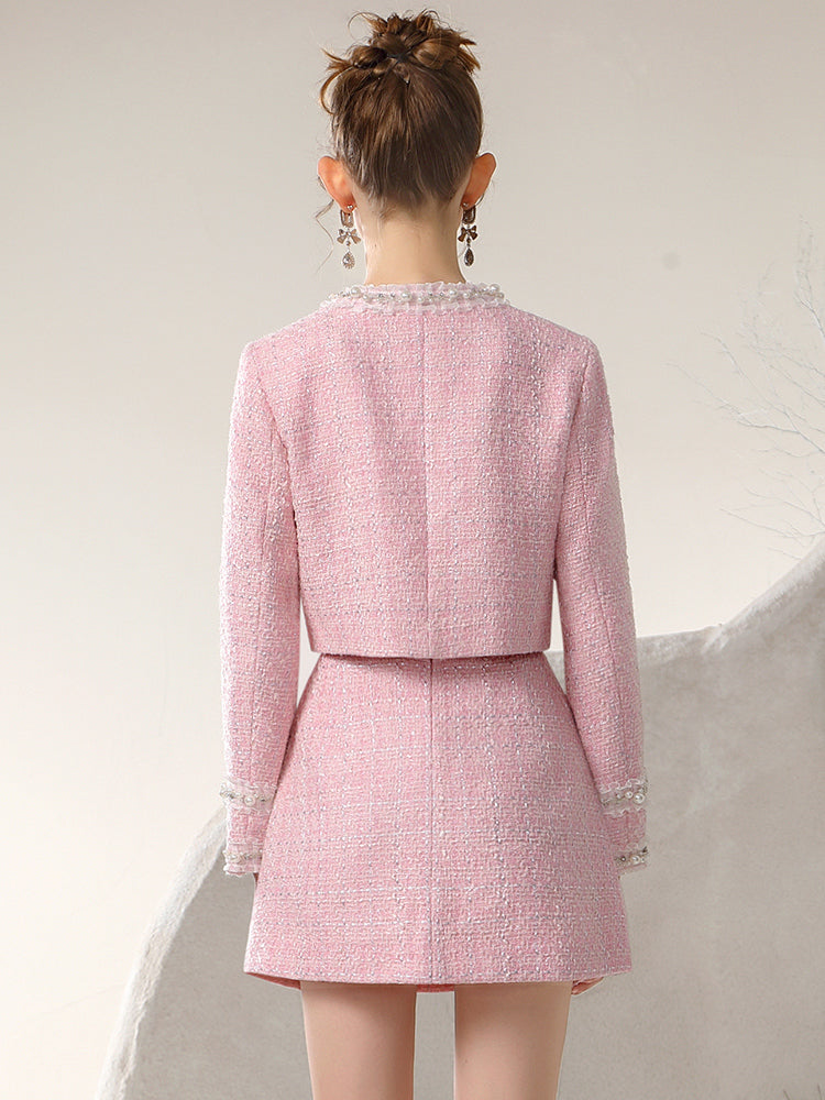 Jacket＆Mini-Skirt Tweed Suit Feminine Lace Pearl Frill Set-Up