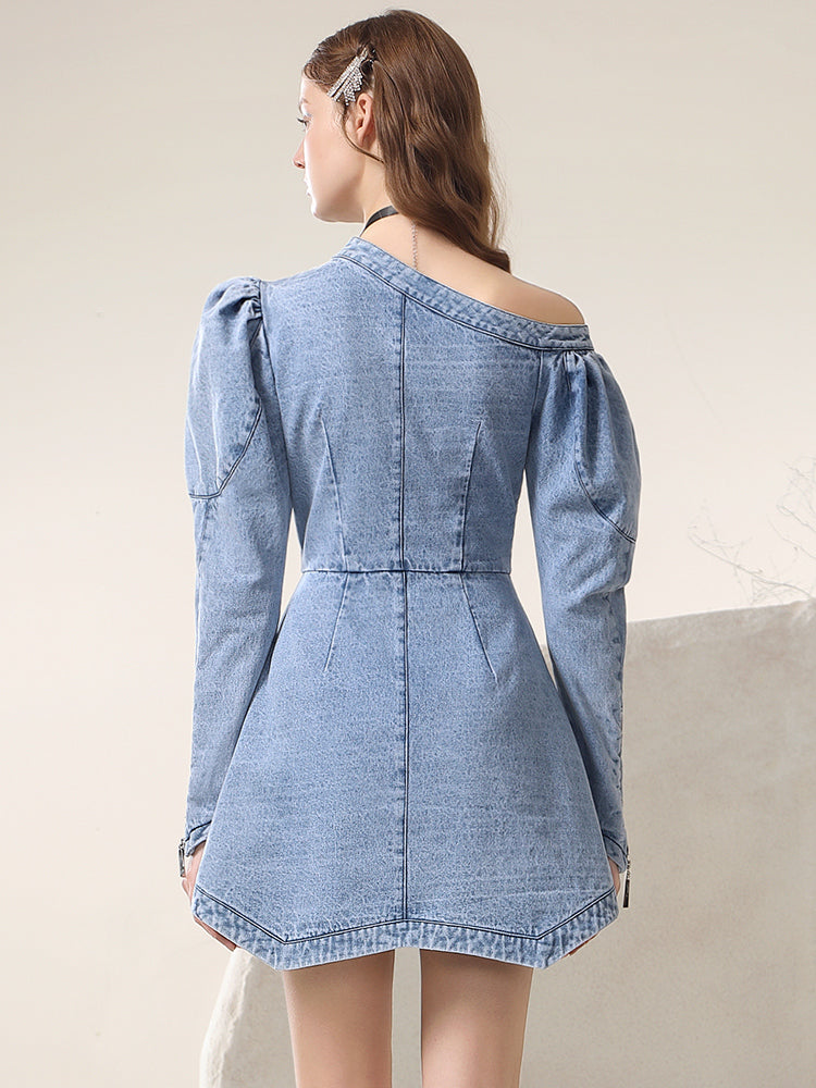 Asymmetry Wrap Zip Unique Denim Lace Ciffon Flower Flare One-Piece