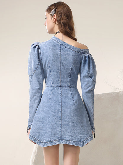 Asymmetrie Wrap Zip einzigartiger Denim-Spitzen-Ciffon-Blume ein Stück