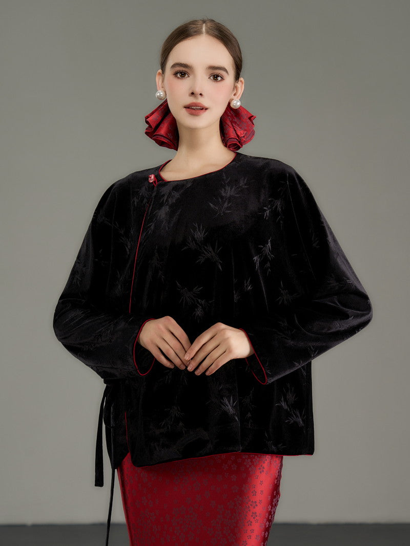 Velvet Embroidery Slim China Retro Bi-Color Tops