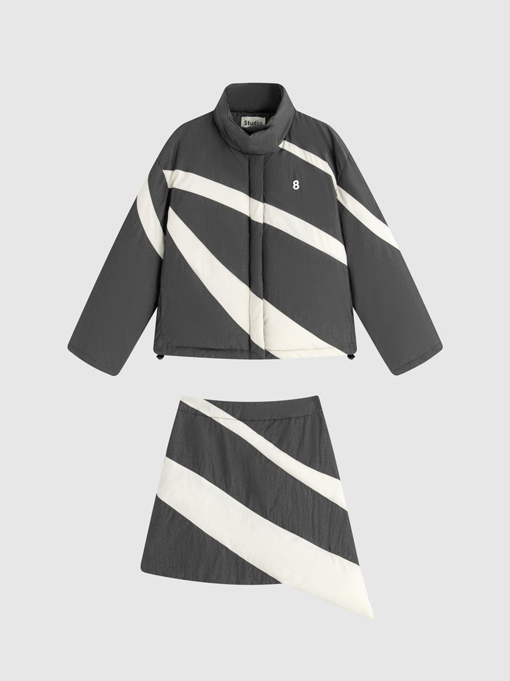 Asymmetry Cotton Quilting Monotone Jacket&amp;Skirt