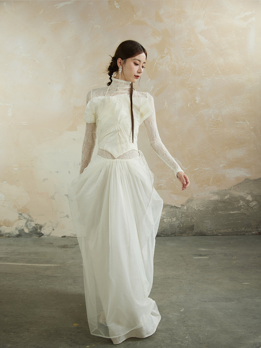 Plain Asymmetry Ciffon Fluffily Feminine Elegant Long-Skirt