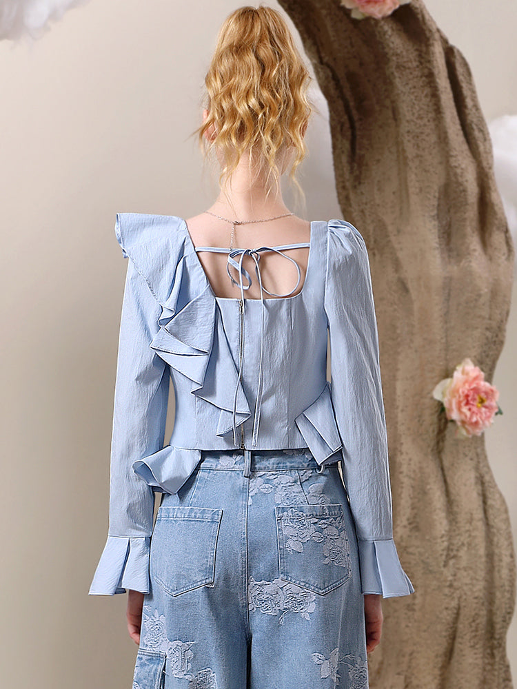 Riffle Frill Asymmetry Elegant Flare-Sleeve Blouse