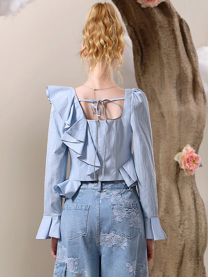 Riffle-Frill-Asymmetrie elegante Flare-Misch-Bluse