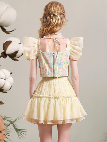 Blouse＆Mini-Skirt Flower Frill Tiered Retro Set-up