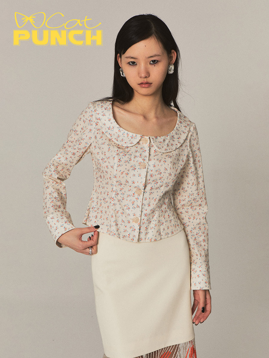 Flower Round-Collar Round-Necl Retro Cute Bouse