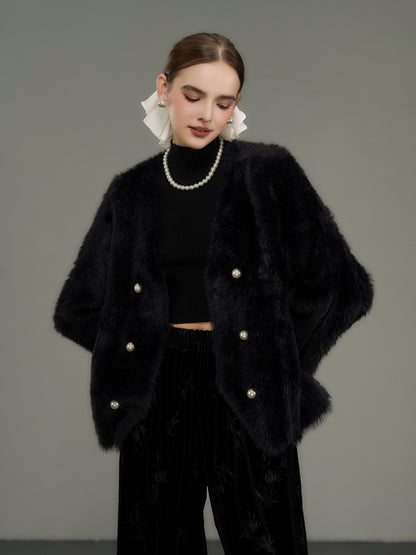 Pearl-Button Luxury Thick Simple Chic Fur-Jacket