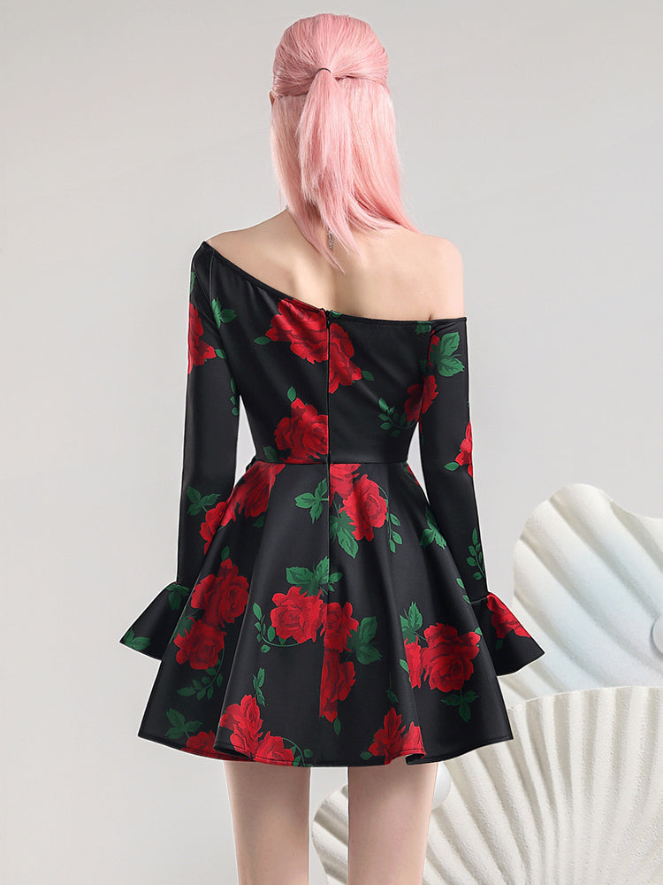 Off-Shoulder Rose Flower Flare-Sleeve Elegant One-Piece