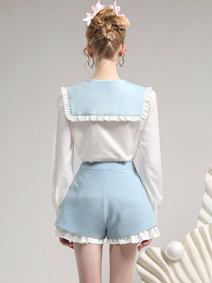 Set-Up Big-Collr Frill Flower Retro Cute Tops＆Short-Pants