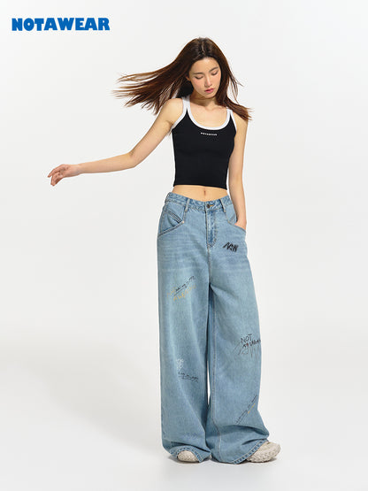 Logo Wide-Leg Denim Casual Loose Pants