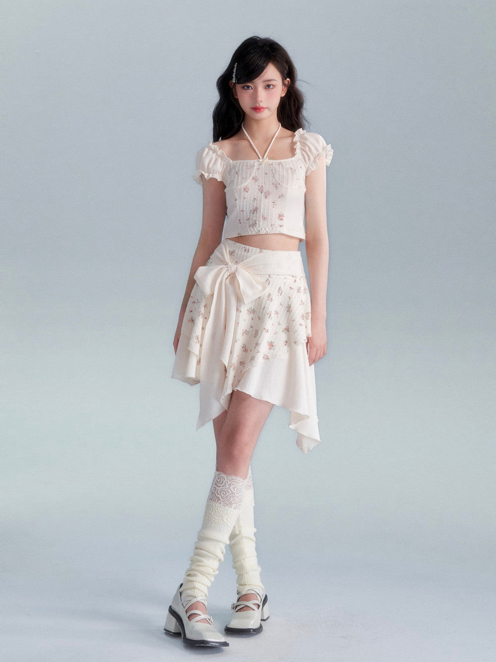 Glove Flower Cropped Fit Frill Ribbon Asymmetry Tops＆Skirt