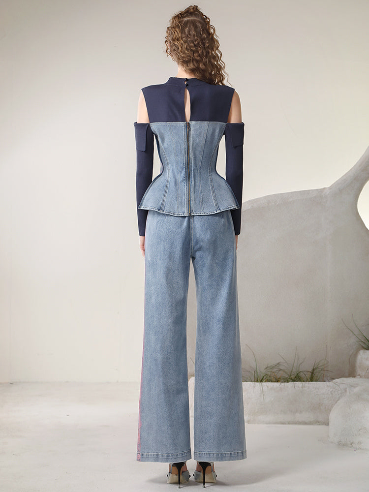 Denim Open-Shoulder Casual Peplum Tops＆Pants