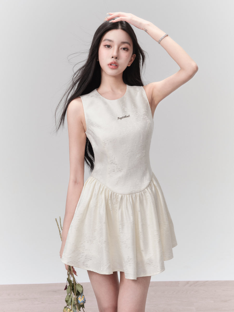 Embroidery Flower No-Sleeve Round-Neck Flare Short One-Piece