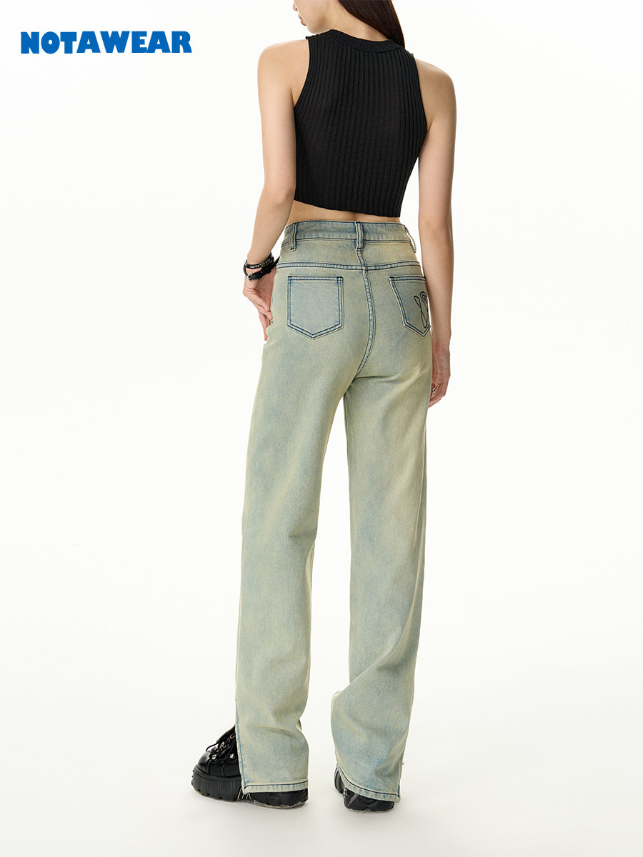 Denim Straight Side-Slit Casual Straight Pants