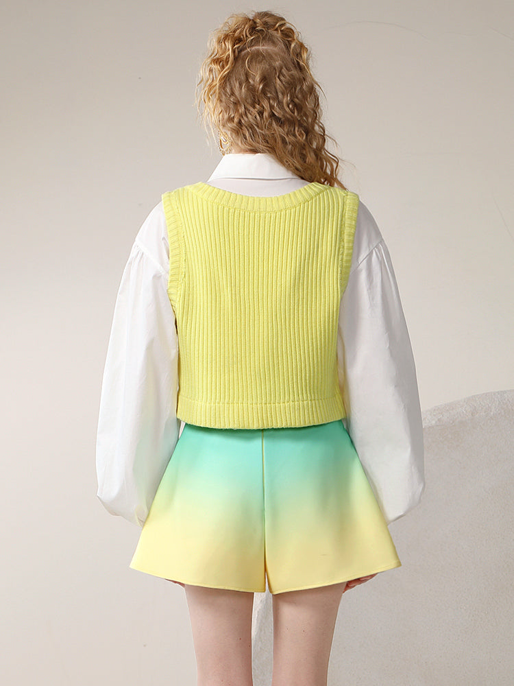 Gradation Nichi Knit Flare Unique Blosue＆Vest＆Short-Pants