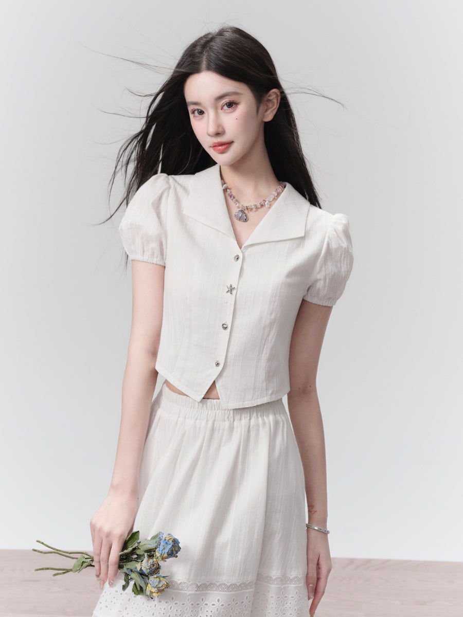 Lace Tiered Frill Feminine Puff-Sleeve Short-Blouse＆Long-Skirt