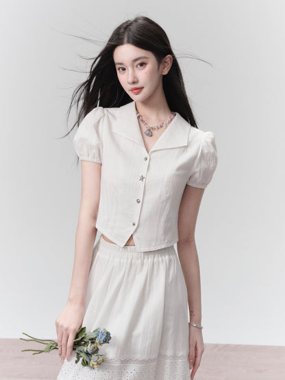 Lace Tiered Frill Feminine Puff-Sleeve Short-Blouse＆Long-Skirt