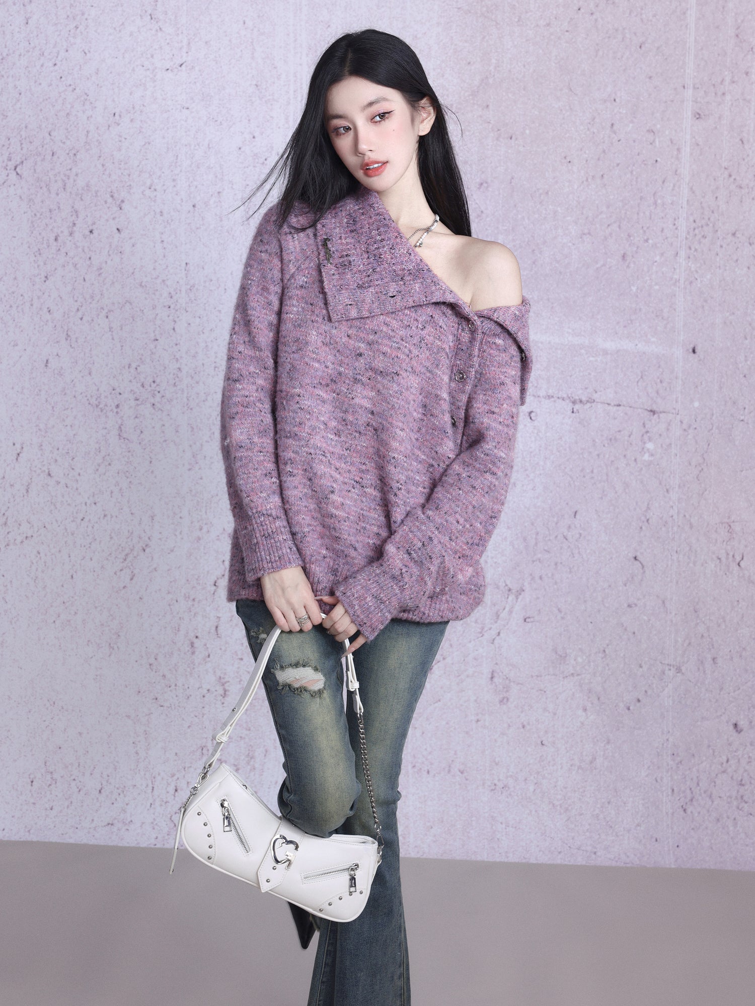 Asymmetry Wrap Open-Shoulder Oversize Knit