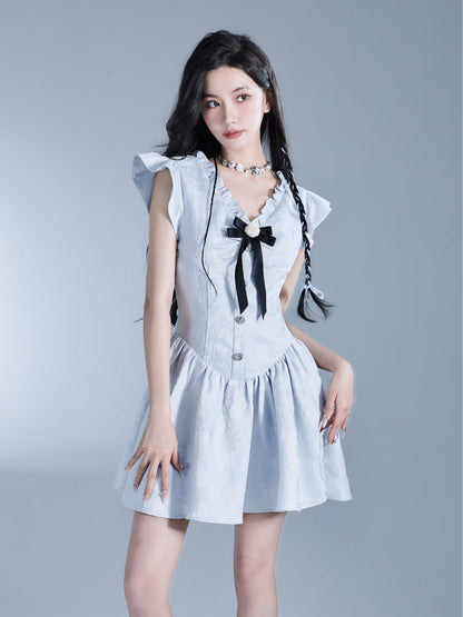 V-Neck Frill Ribbon Fluffily One-Piece