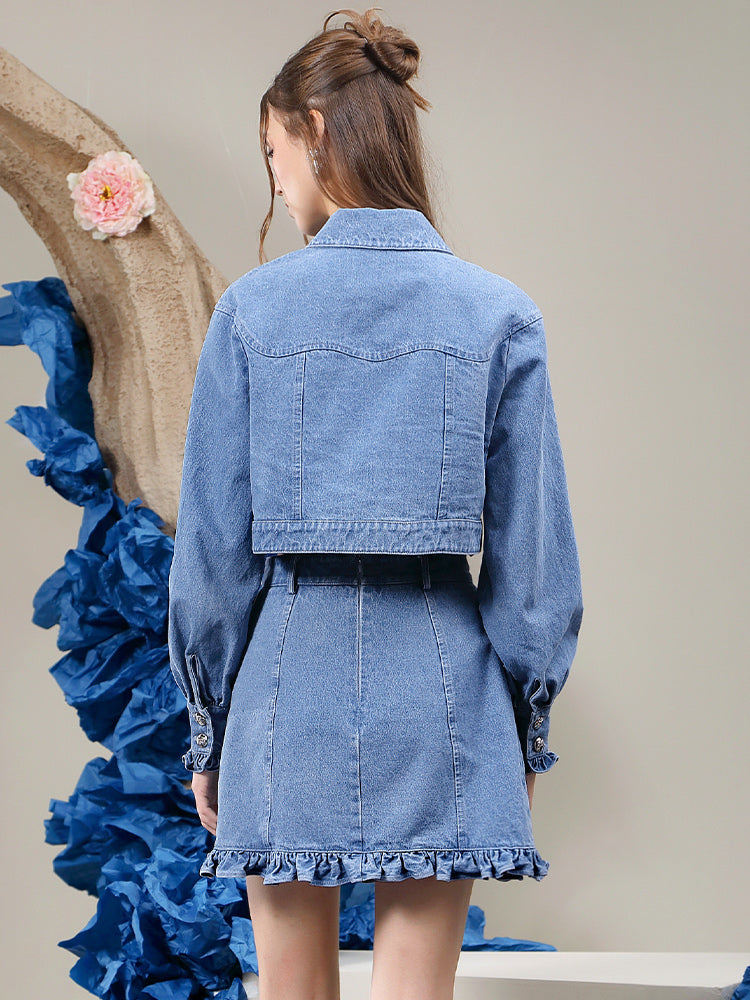 Blouse＆Mini-Skirt Denim Casual Frill Flower Set-Up