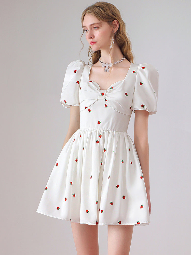 Strawberry Cute Fluffily Puff-Sleeve Retro One-Piece