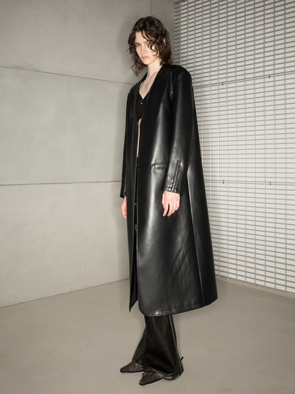 Leather Cool No-Collar Smooth Long-Coat