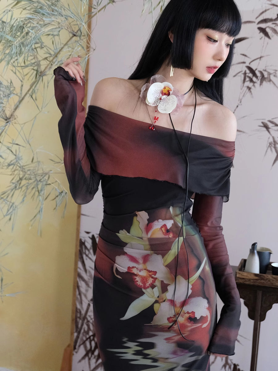 Off-Shoulder Flower Gradation Mellow Tight Retro Long-One-Piece