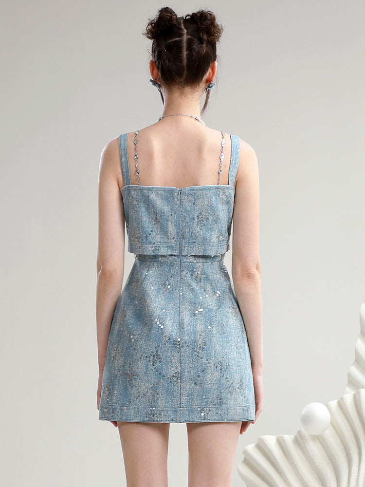 Denim Short Sequins Suspenders Casual Dress