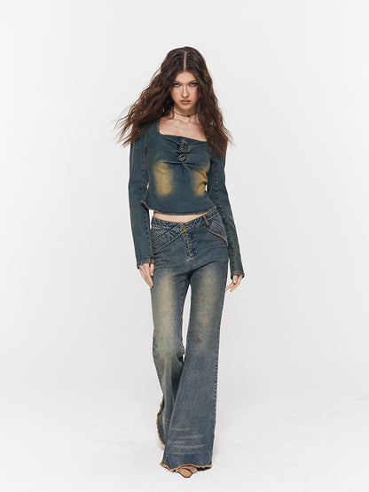 Denim Faded Rose Gather Casual Tops＆Pants