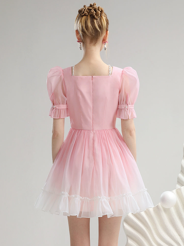 Gradation Short Ciffon Puff-Sleeve Tulle One-Piece