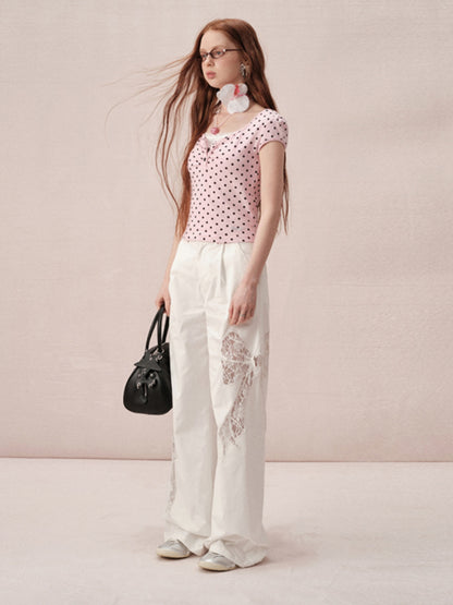 Lace Ribbon Cute Nichi Loose Wide-Pants