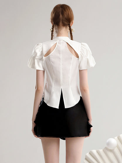 Slim Puff-Sleeve Back-Open Nichi Blouse