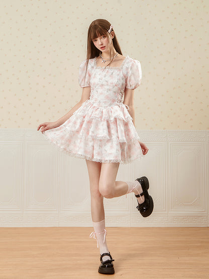 Flower Lace-Up Puff-Sleeve Feminine Tiered Lace Dress