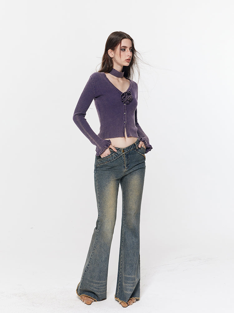 Rose Corsage Slim Retro Plain Strick &amp; Denim-Pants