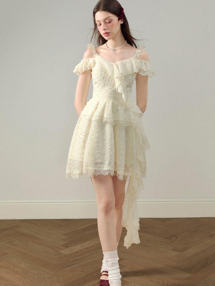 Off-Shoulder Flower Embroidery Lace Ciffon Flare Dress