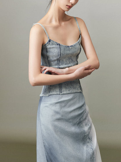 Camisole serrée rétro en denim fané