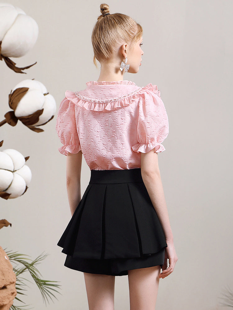 Sweet Frill Lace Puff-sleeve Blouse