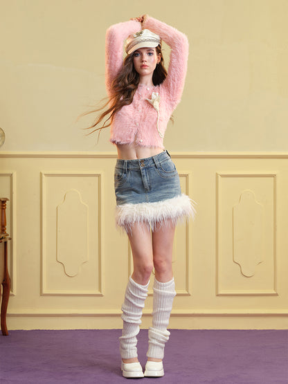 Denim Fur Tight Casual Nichi Min-Skirt