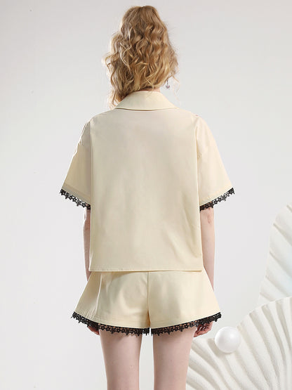 Set-Up Botanical Embroidery Flower Lace Shirt＆Short-Pants