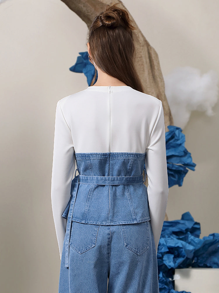 Denim Docking Peplum Flower Belt Cutsew