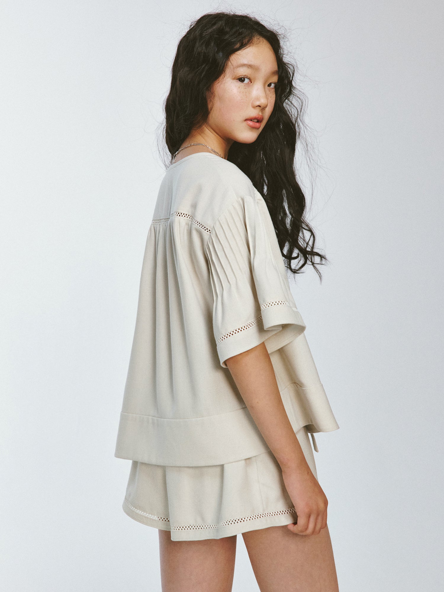 Flare-Sleeve Plain Simple Natural Blouse