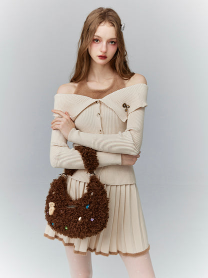 Rib-Knit Open-Shoulder Layered Cute Retro Tops＆Mini-Skirt＆Bag