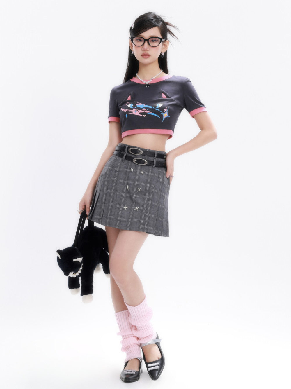 Checked Short Pleats Belt Flare-Skirt