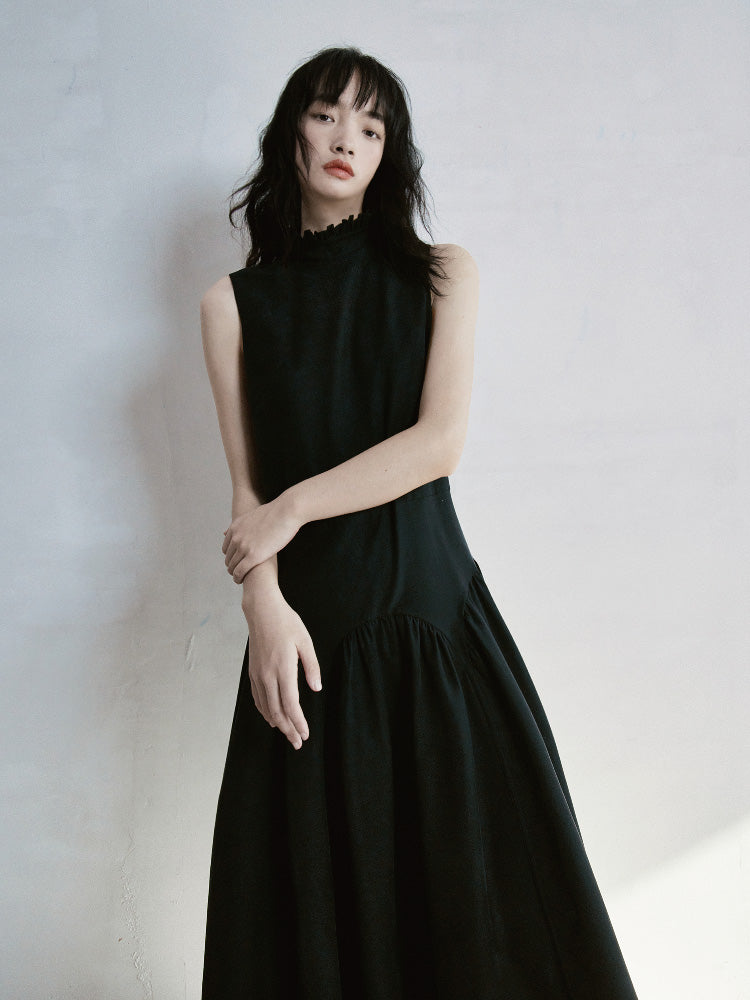 Stand-Collar Long Gather Sleeveless One-Piece – ARCANA ARCHIVE