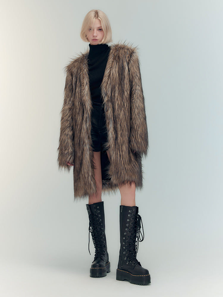 Fur Elegant Fluffily No-Collar Long-Coat