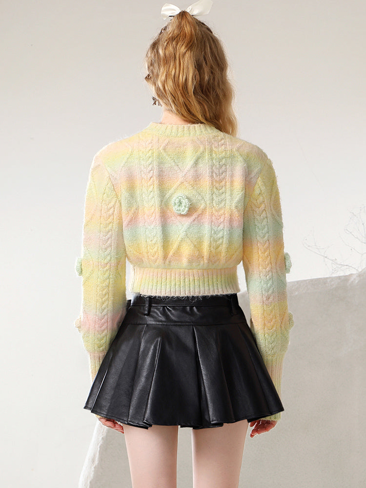 Flower V-Neck Gradation Fancy Pale-Tone Cotton-Candy Knit Short-Cardigan