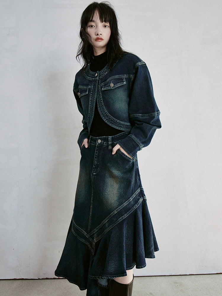 Denim Asymmetry Faded Casual High-Waist Long-Skirt