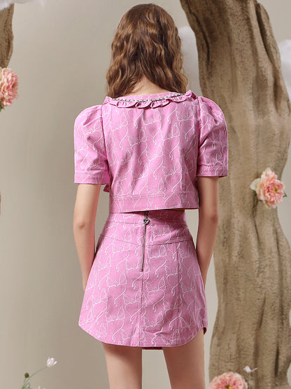 Jacket &amp; Mini-Skirt Embroidery Frill Feminine Set-Up